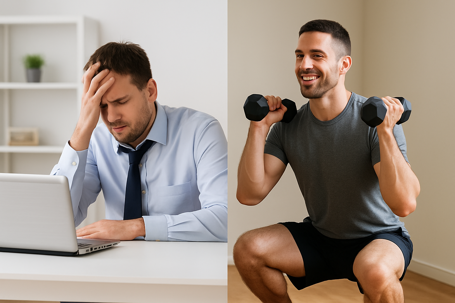 Hombre agobiado de no moverse y felicidad al hacer ejercicio