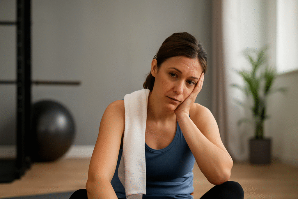 Mujer cansada tras entrenar en casa, reflejando frustración por no ver resultados